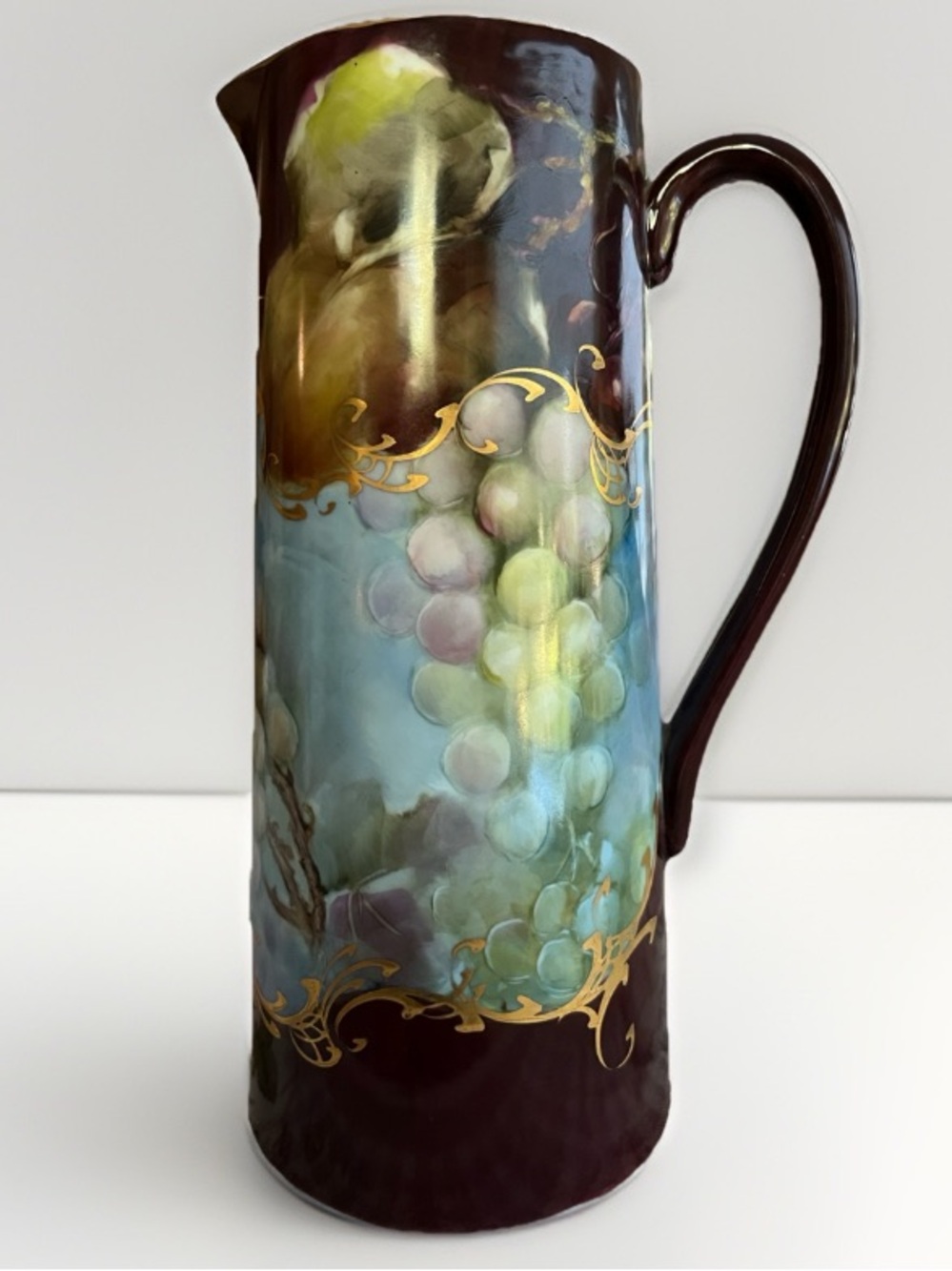 Vintage Hand-Painted Large Brown and blue Grape Pitcher with Gold Scrolls